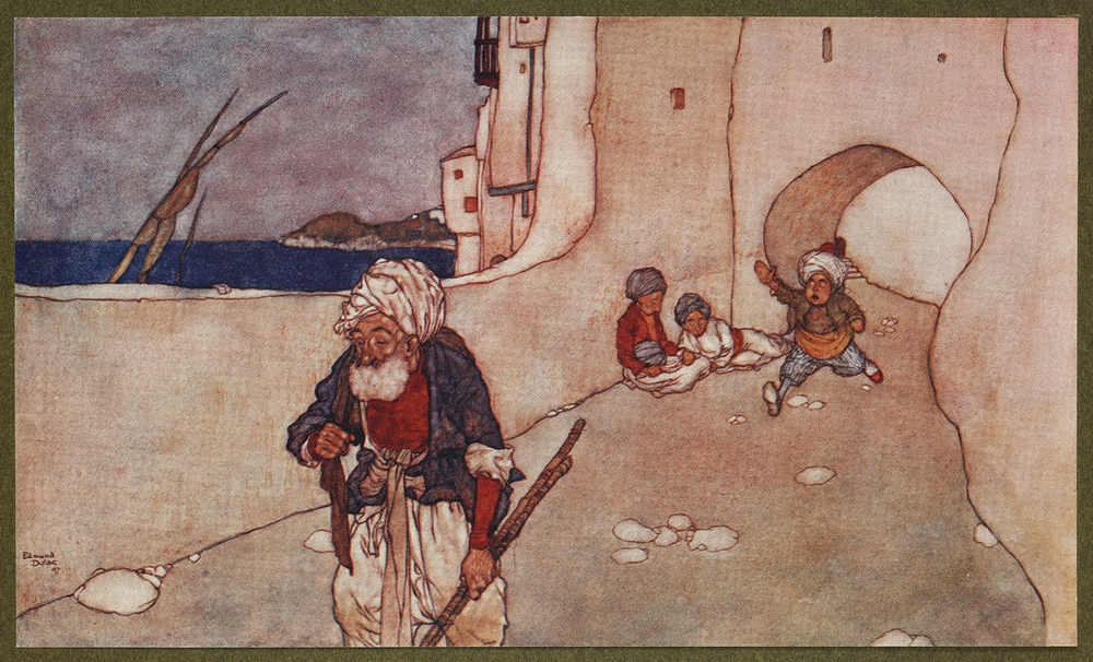 Drawing of a man running after the fisherman